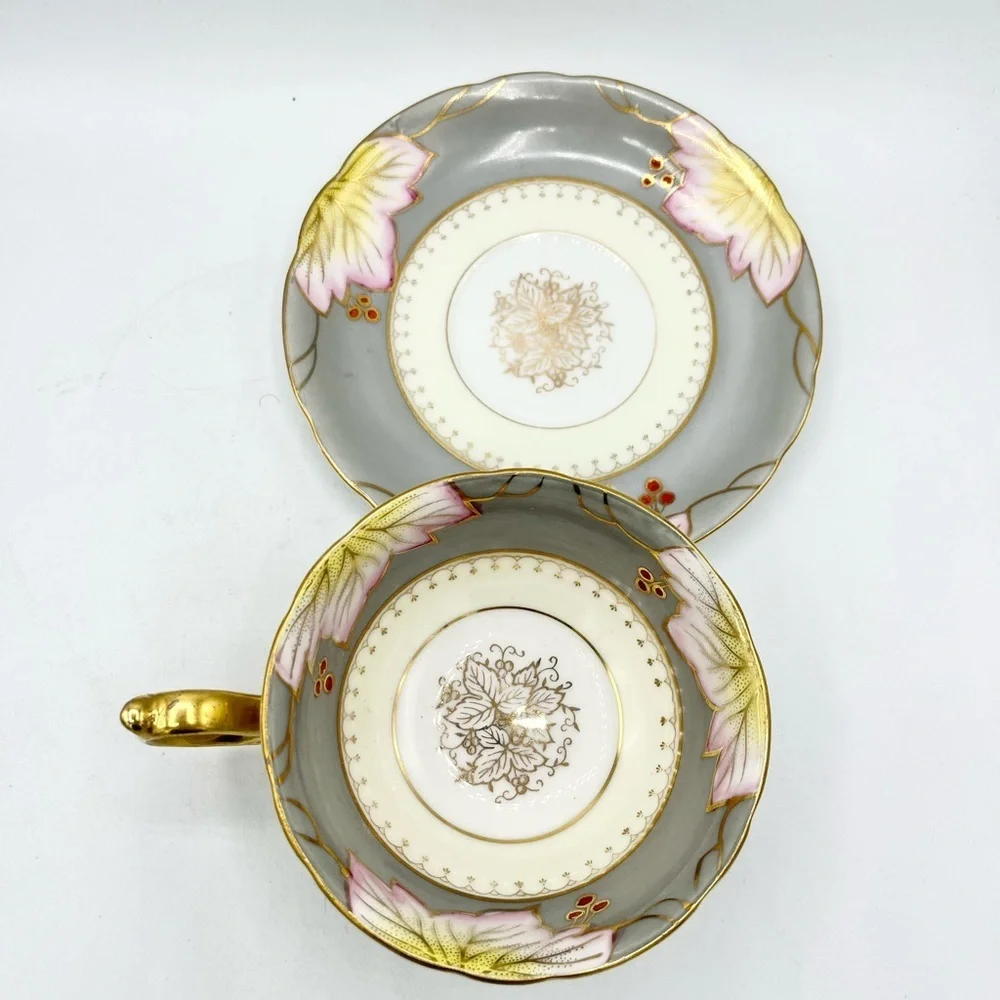 VTG Shafford Tea Cup & Saucer Grey‎ Gold Pink Floral Extra Support on Handle